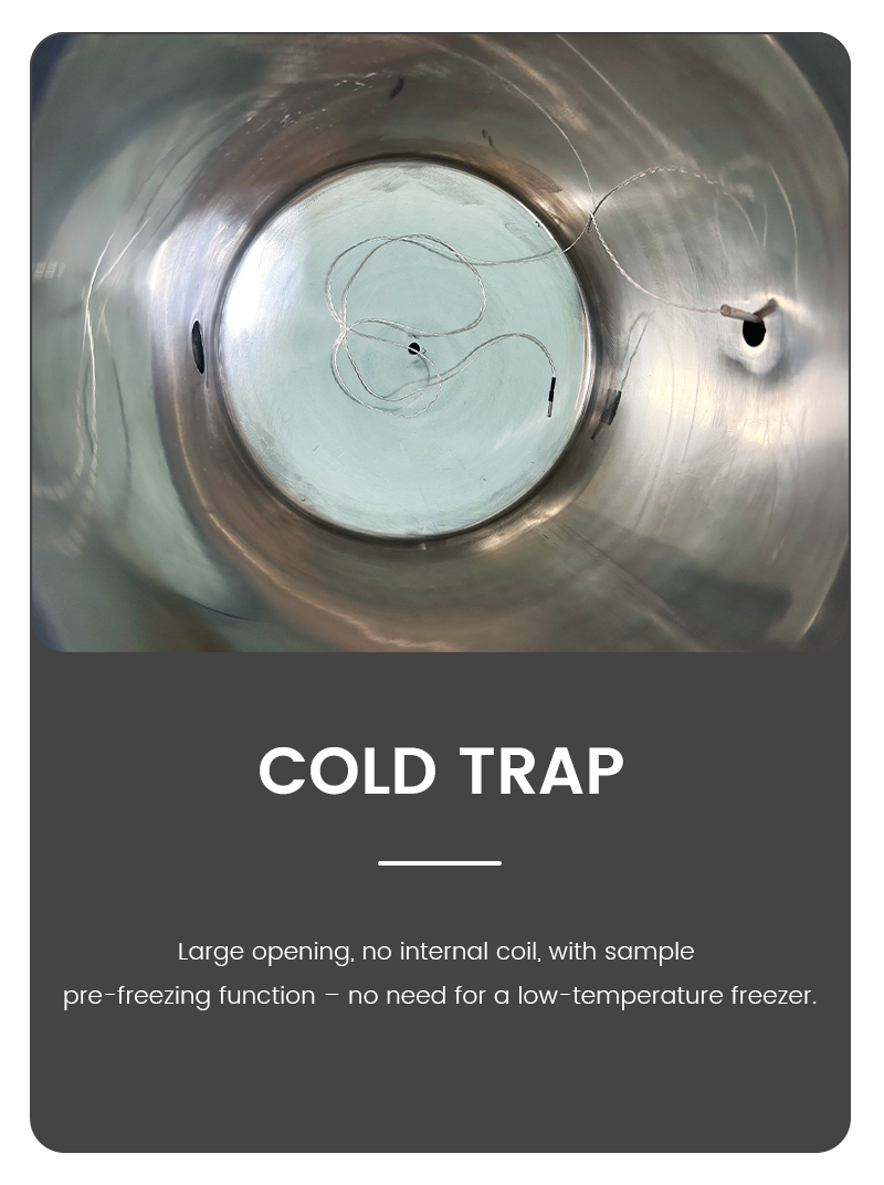 Infographic close-up inside a lyophilizer stainless steel cold trap, highlighting a large opening without internal coils for sample pre-freezing.